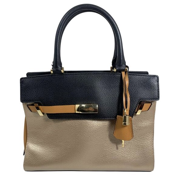 Calvin Klein Black Metallic Gold Tan Structured Satchel Buckle Lock Key EUC - Picture 10 of 16